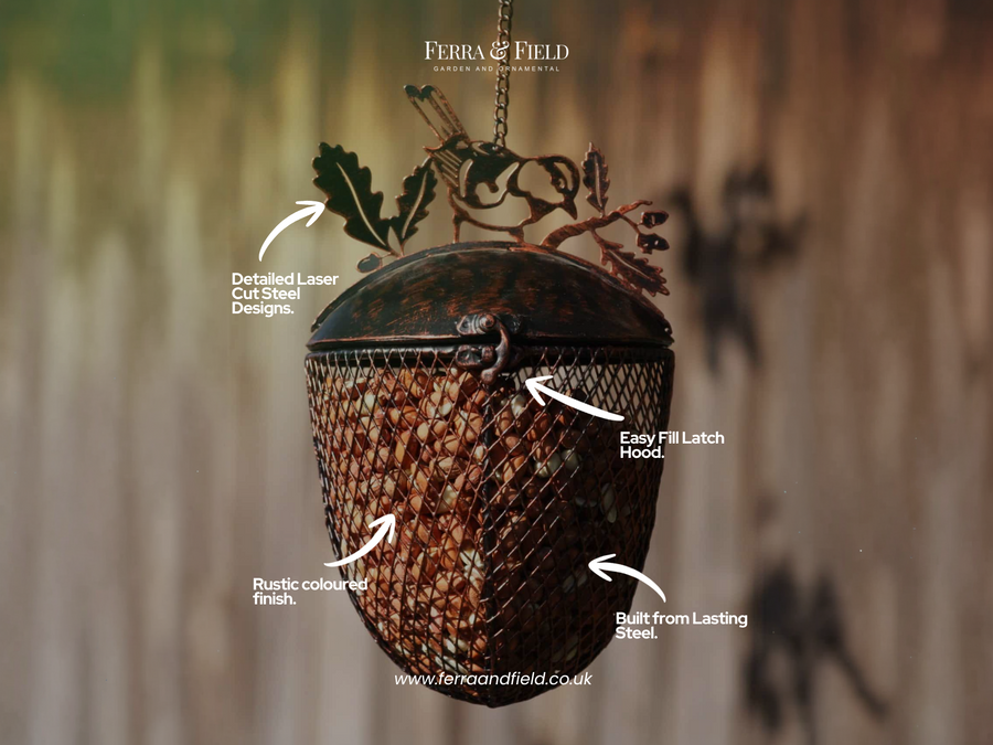 birdfeeder with fence in back ground annotated with notes about quality and design