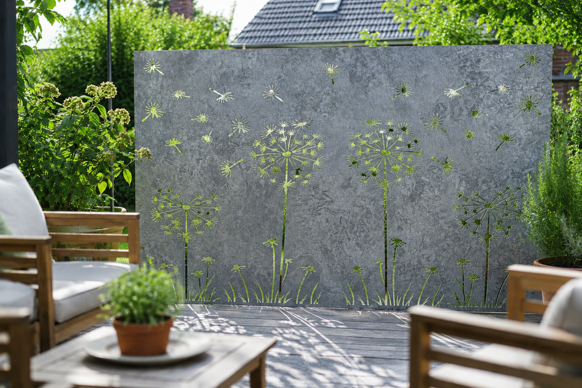 Antique grey steel garden privacy screen with laser-cut dandelion design, positioned beside a patio seating area in bright morning light