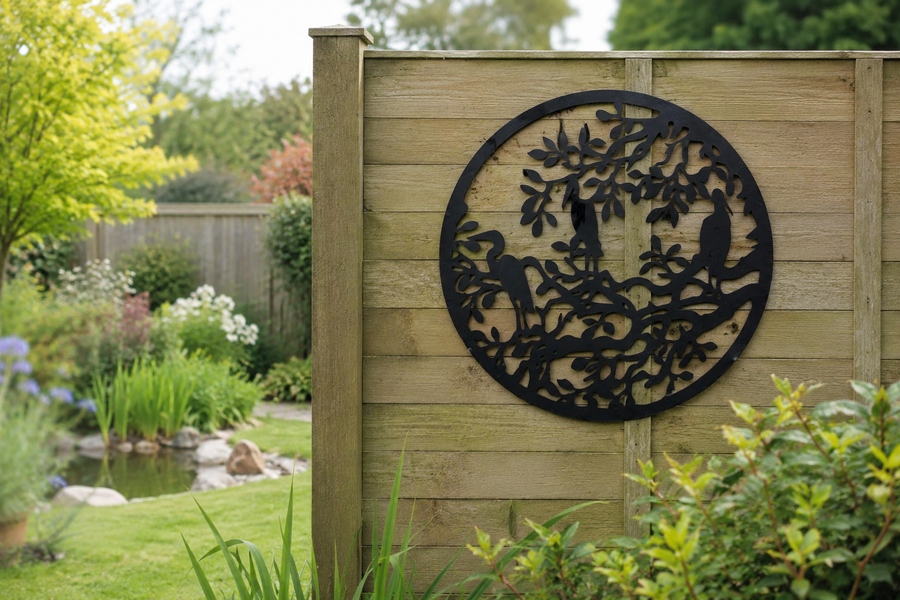 Black steel heron wall art mounted on a garden fence panel