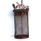 A hanging metal lantern with a cylindrical mesh body, decorative top featuring a bird and leaf motif, and a chain for suspension, shown against a plain white background.