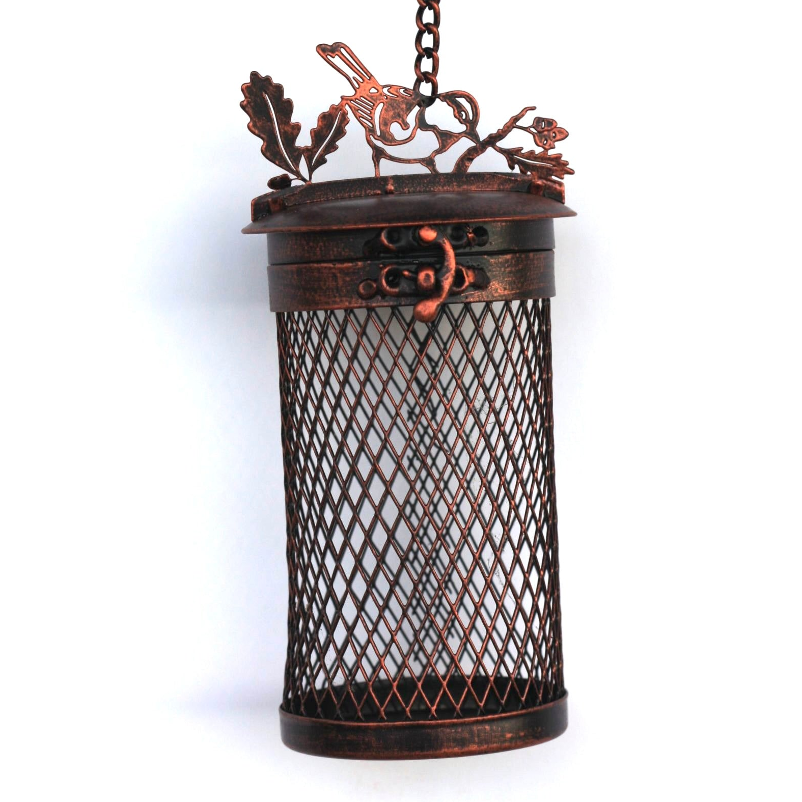 A hanging metal lantern with a cylindrical mesh body, decorative top featuring a bird and leaf motif, and a chain for suspension, shown against a plain white background.