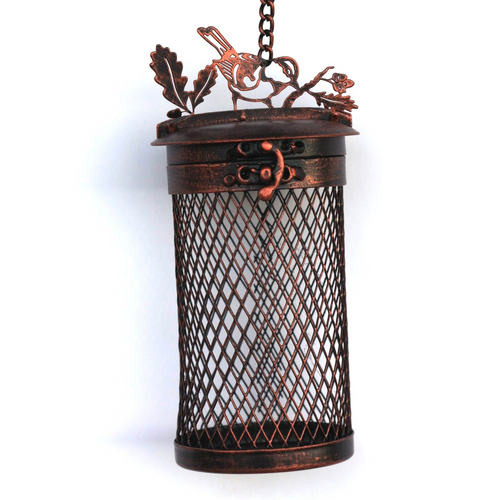 A hanging metal lantern with a cylindrical mesh body, decorative top featuring a bird and leaf motif, and a chain for suspension, shown against a plain white background.