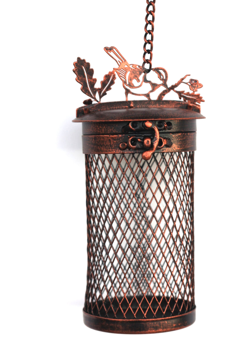 A hanging cylindrical lantern with a copper-toned metal mesh body, decorative top scrollwork, and a hanging chain against a plain white background.
