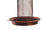 A copper bird feeder with a cylindrical wire mesh cage and a matching shallow round tray, shown against a plain white background.