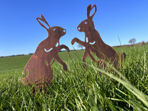 Two rusted metal rabbit garden stakes standing in green grass under a clear blue sky.