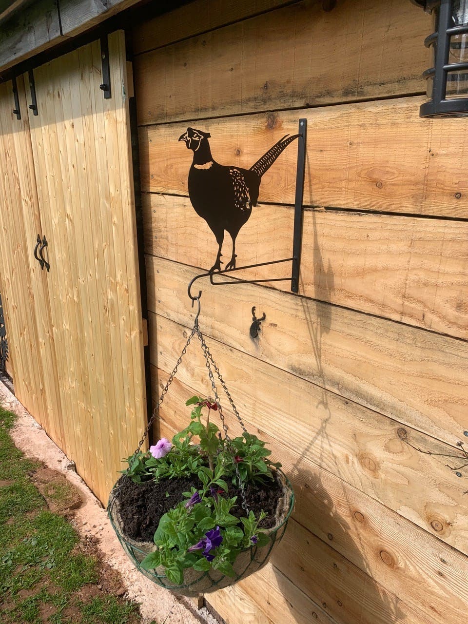 A black metal hanging pheasant wall decor piece mounted on a wooden shed wall, with a hanging basket planter suspended below it.