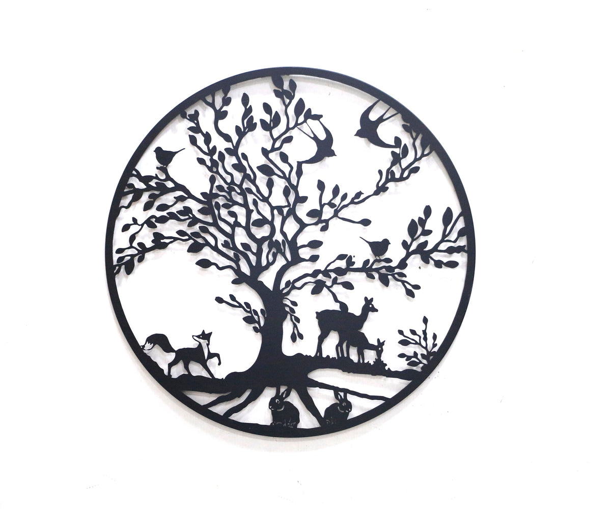 metal wall art wildlife with tree steel powder coated 60cm, 45cm wall art