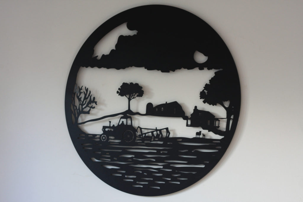 Tractor in Field Metal Wall Art Black | 60cm