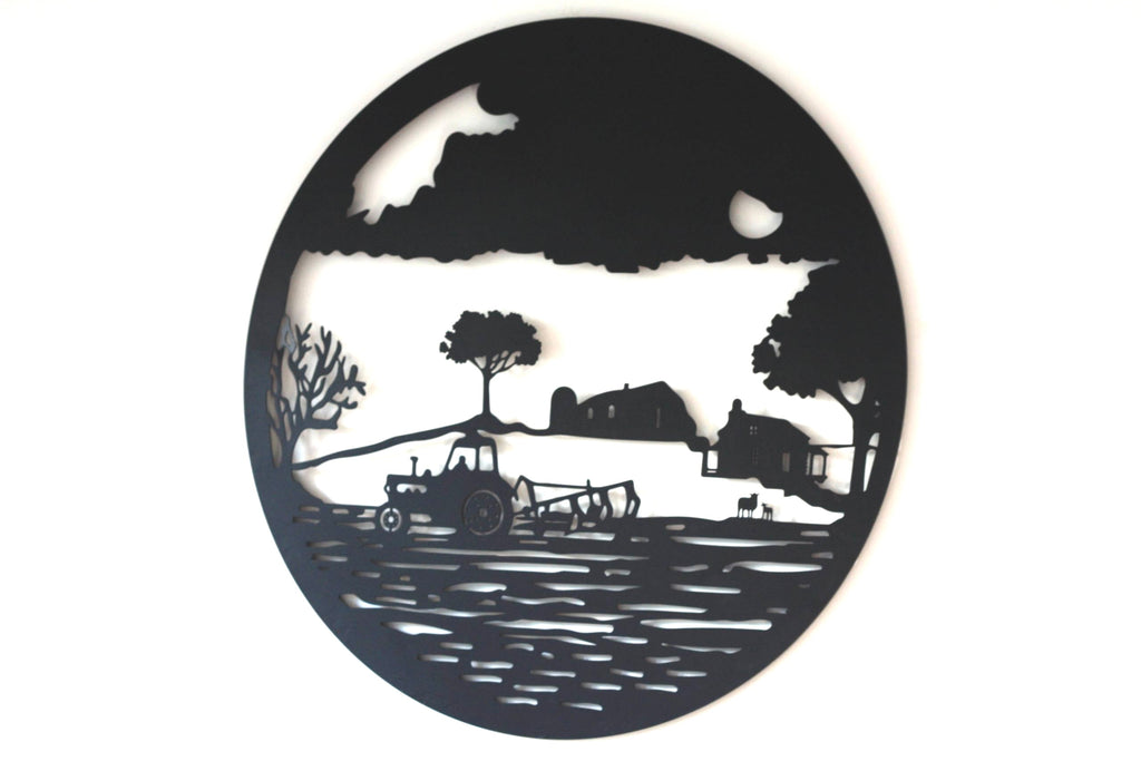 Tractor in Field Metal Wall Art Black | 60cm