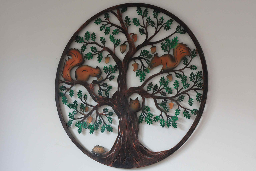 Squirrels in Tree of Life Metal Wall Art Black | 60cm