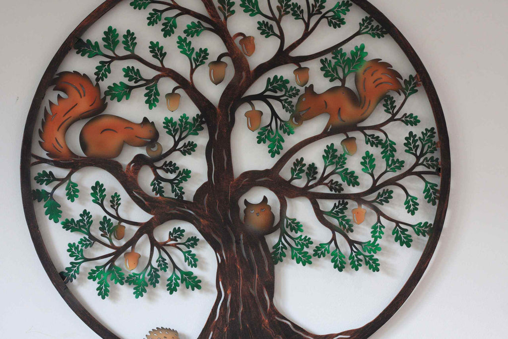 Squirrels in Tree of Life Metal Wall Art Black | 60cm