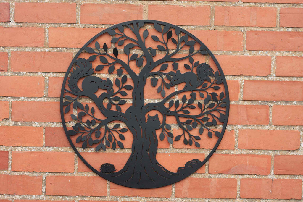 Squirrels in Tree of Life Metal Wall Art Black | 60cm
