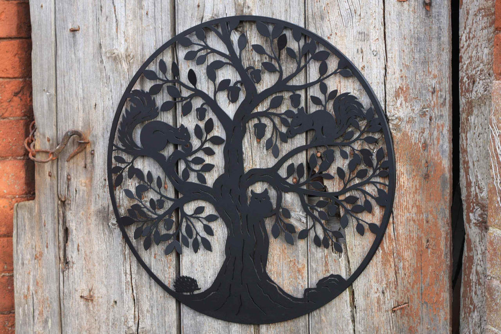 Squirrels in Tree of Life Metal Wall Art Black | 60cm