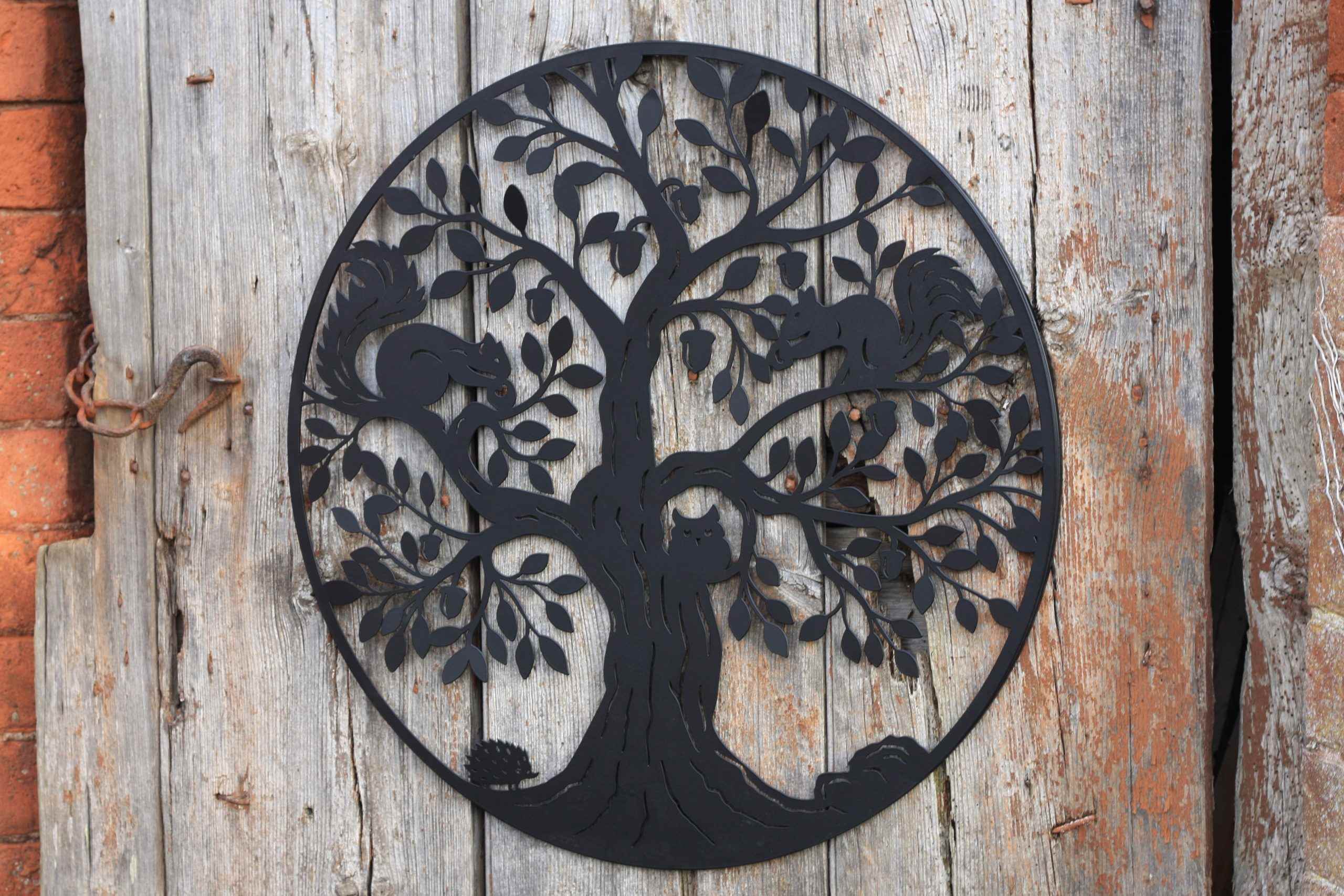 Squirrels in Tree of Life Metal Wall Art Black | 60cm