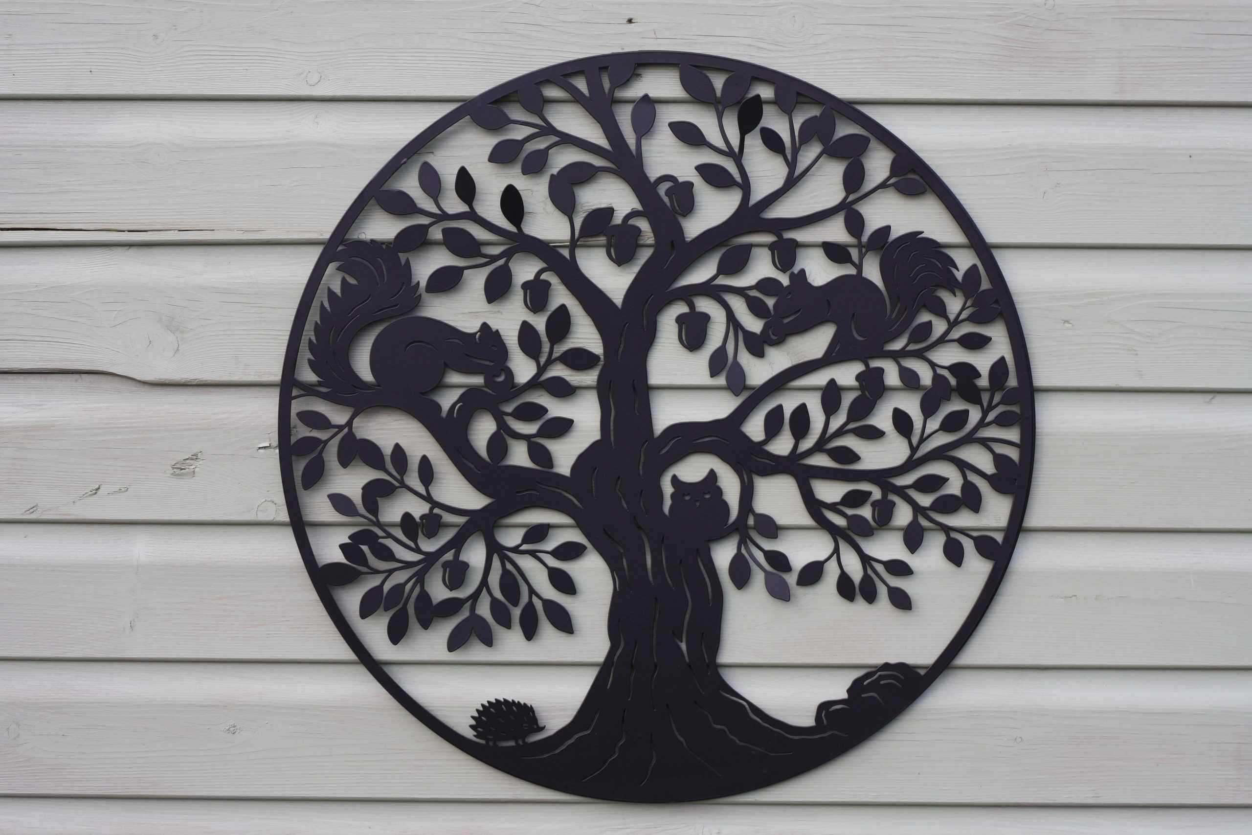 Squirrels in Tree of Life Metal Wall Art Black | 60cm