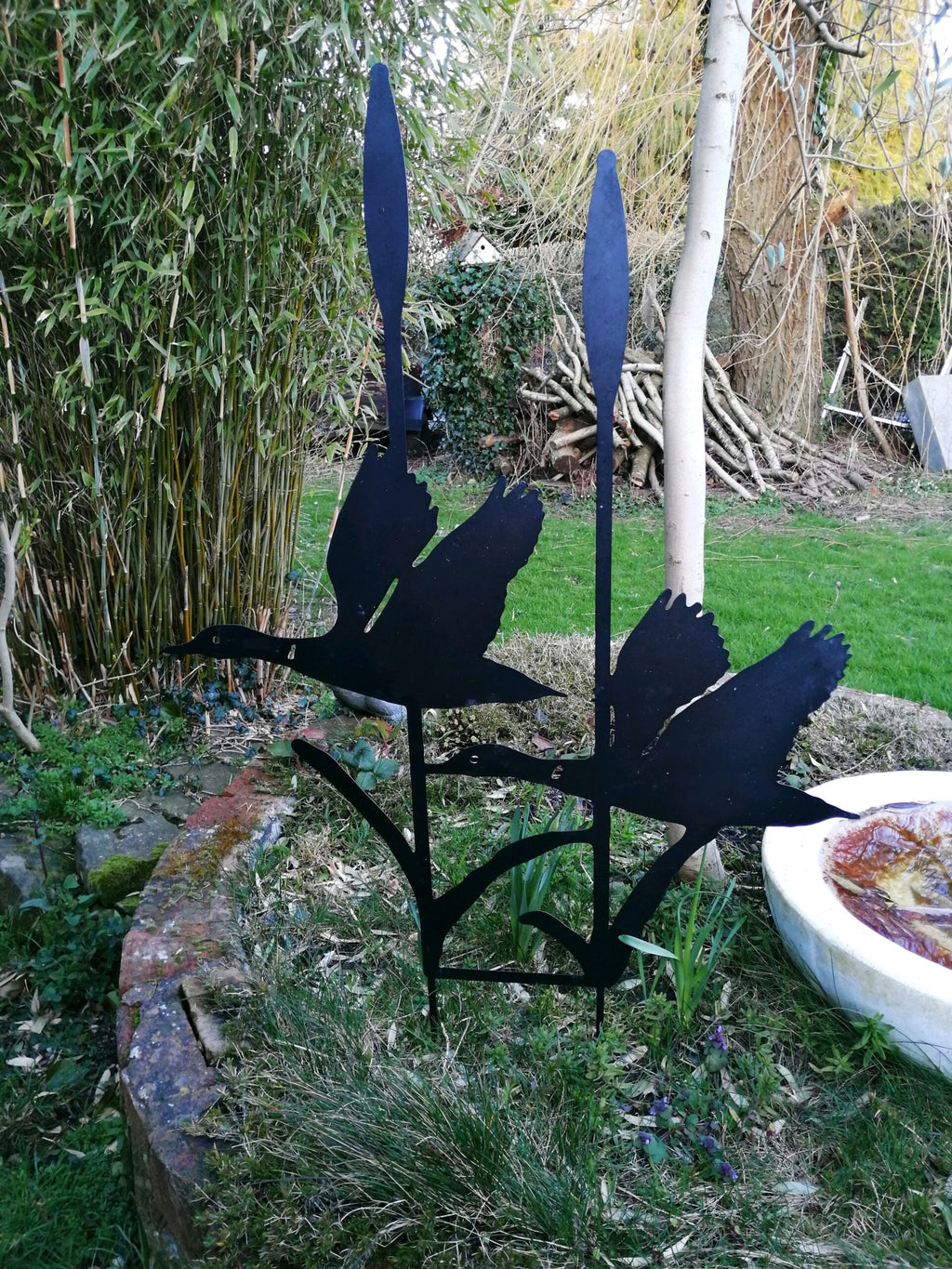 Metal Garden Art Flying Ducks Stake | Black Laser Cut Steel Garden Decoration