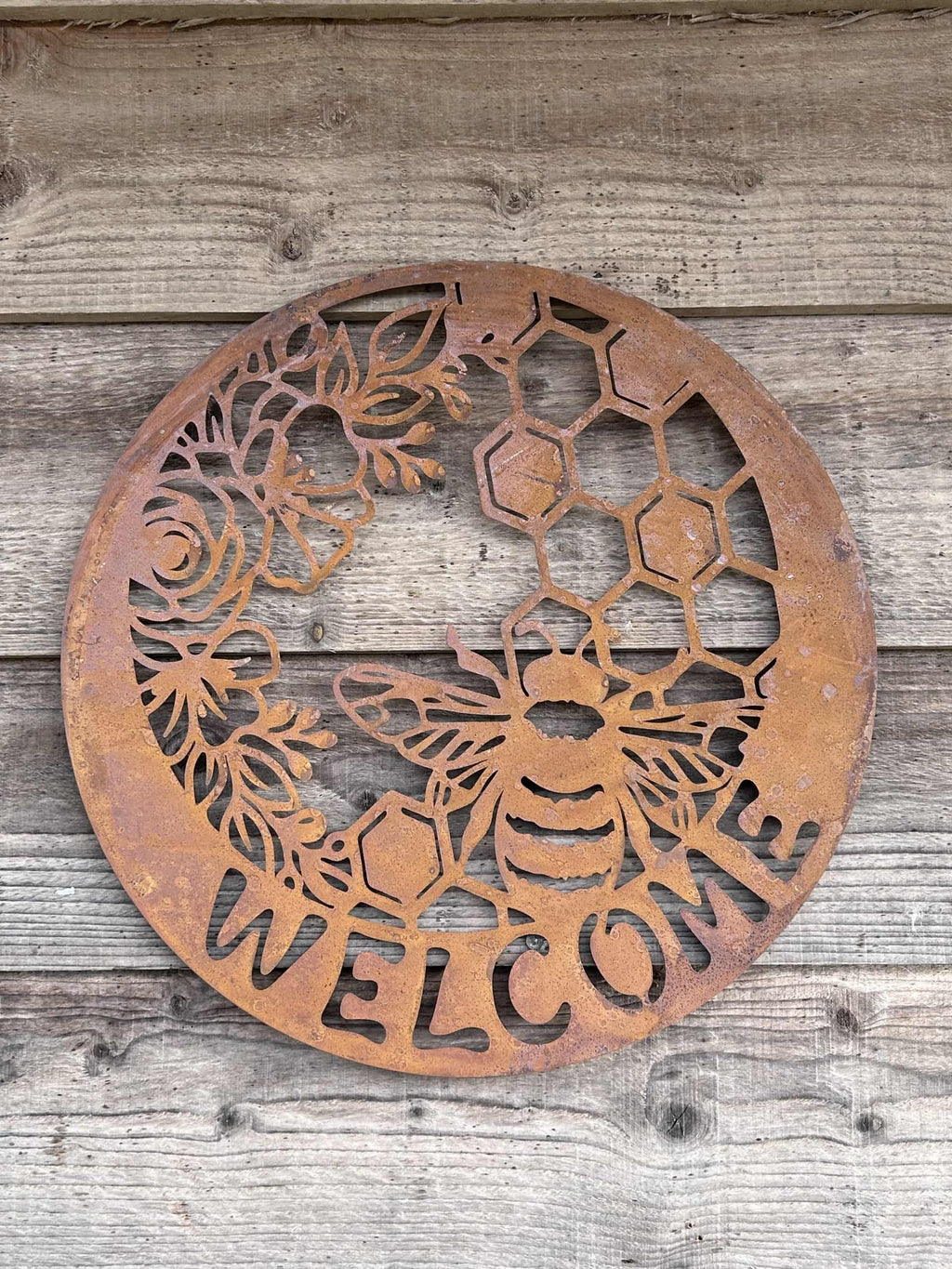 Welcome Sign - Bee Metal Wall Art Natural Rust | 45cm