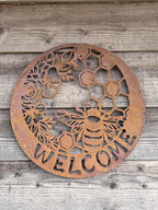 Welcome Sign - Bee Metal Wall Art Natural Rust | 45cm