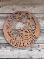 Welcome Sign - Bee Metal Wall Art Natural Rust | 45cm