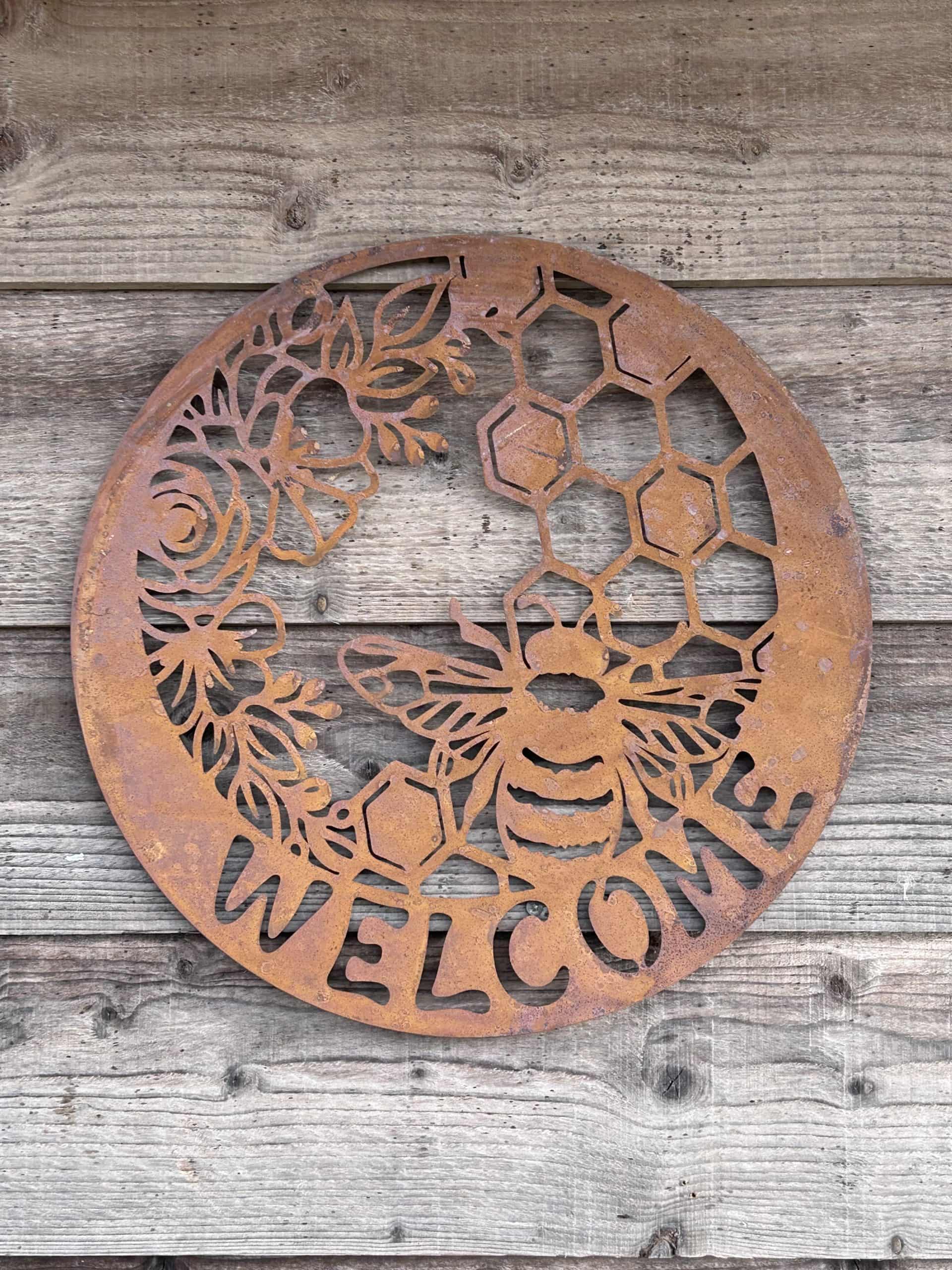 Welcome Sign - Bee Metal Wall Art Natural Rust | 45cm