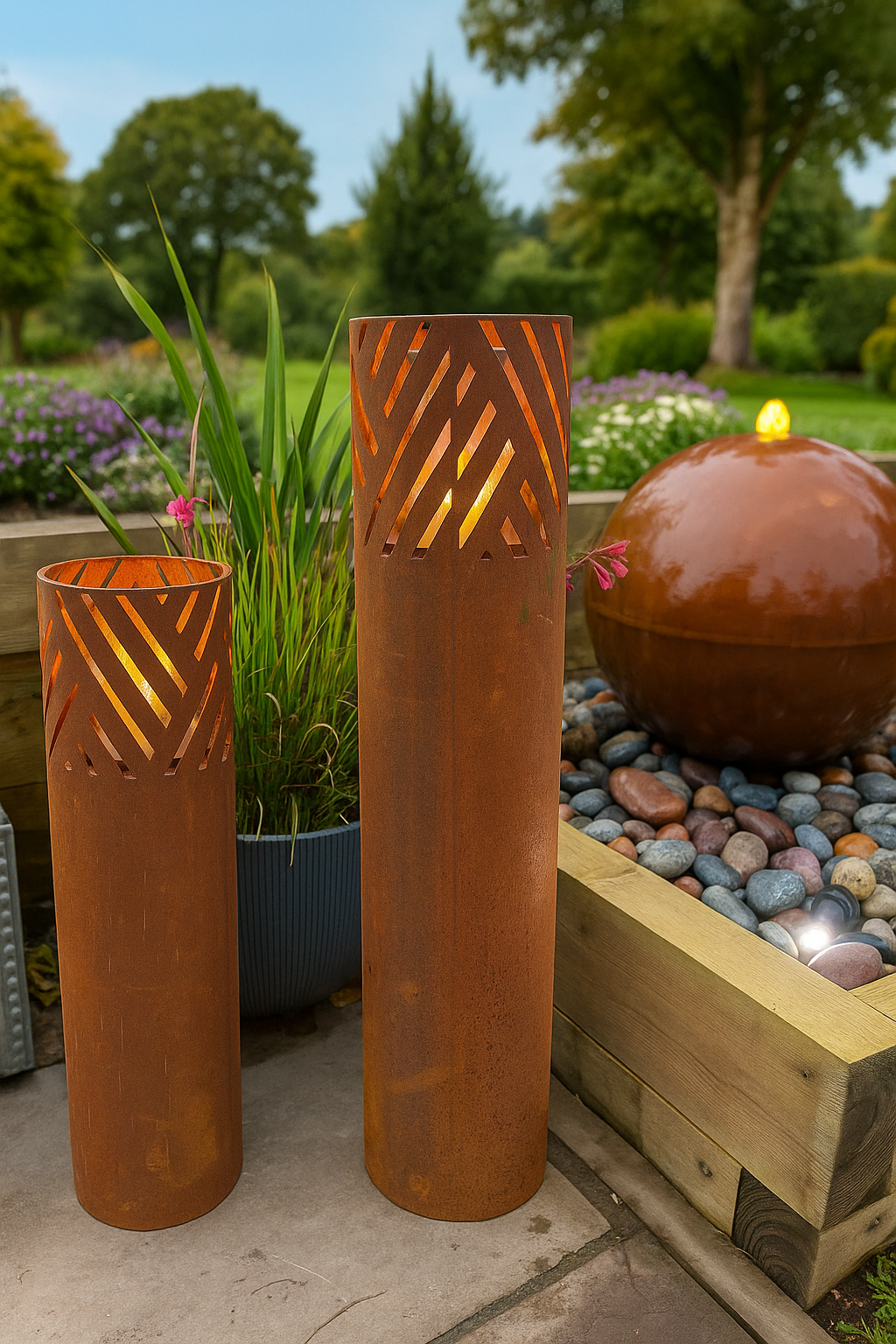 Two rust-colored cylindrical garden torches on a patio with decorative elements.