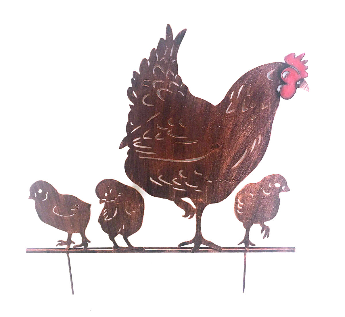 Metal Garden Art Hen and Chicks Stake | Copper Brown Laser Cut Steel Garden Decoration
