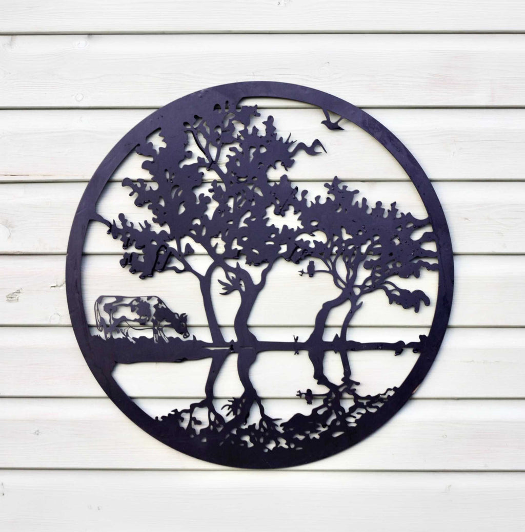 Cow by the Water Metal Wall Art Black | Round | 60cm