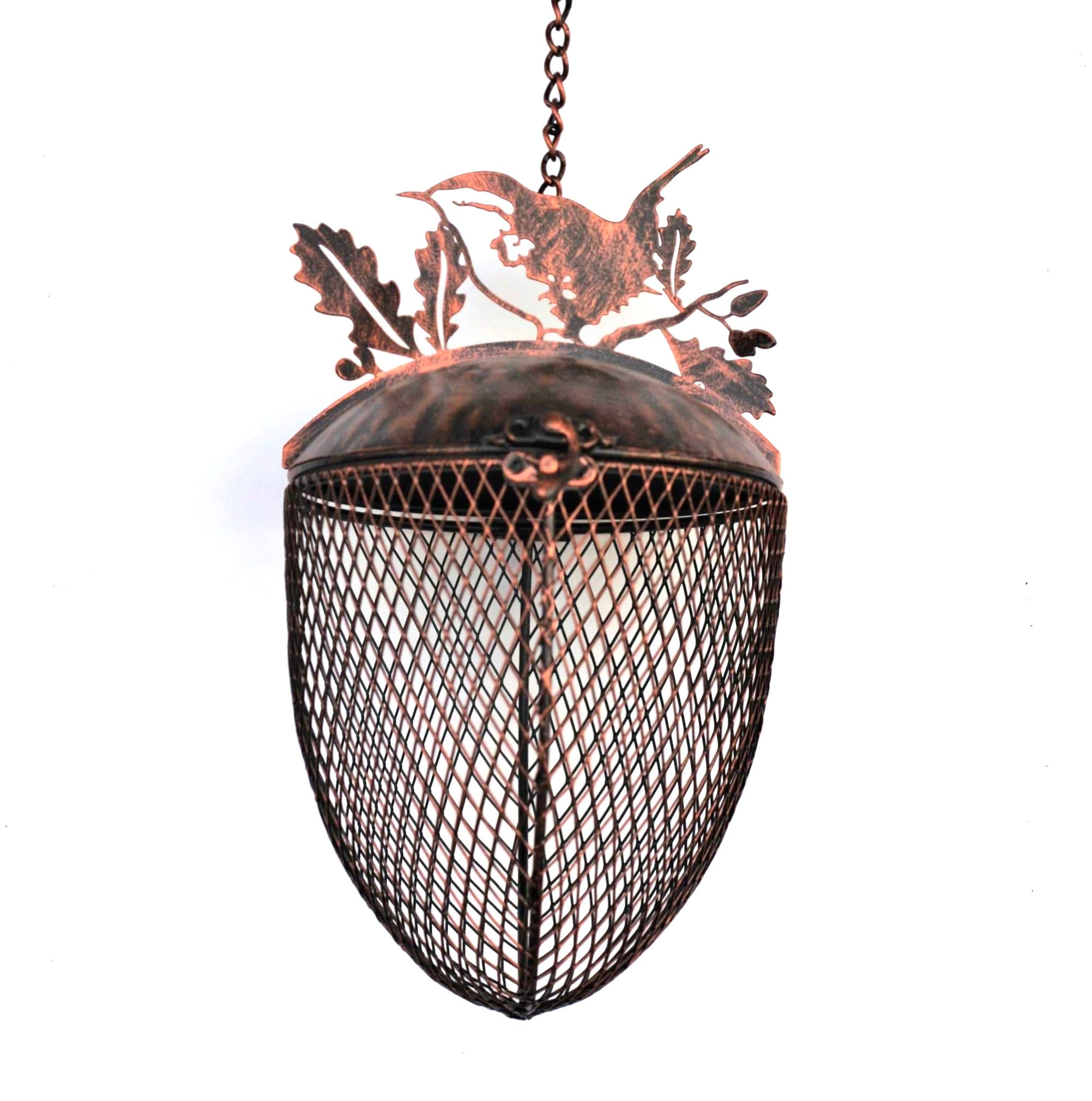 metal birdfeeder hanging in front of white back ground finished in a bronze copper finish