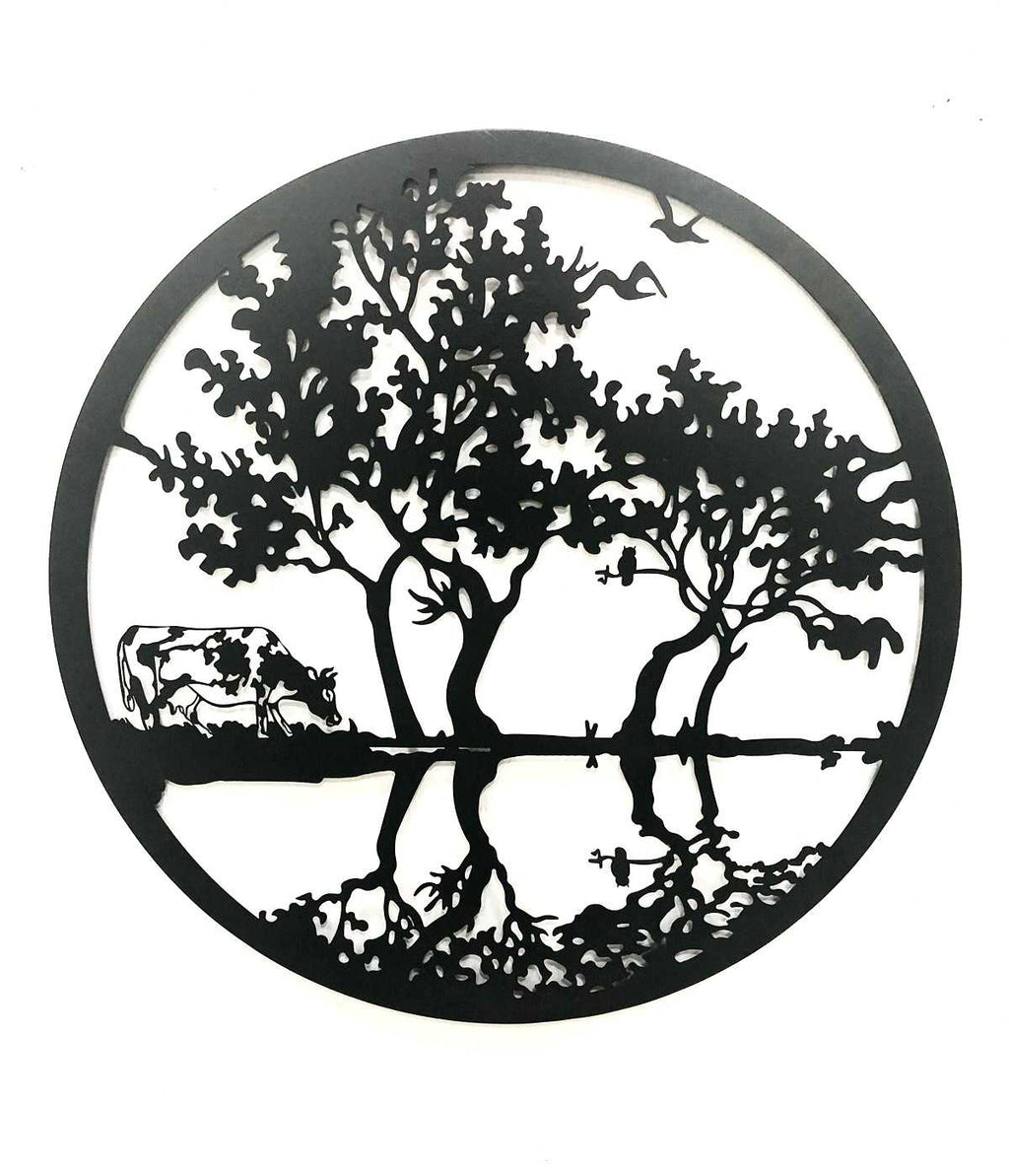 Cow by the Water Metal Wall Art Black | Round | 60cm
