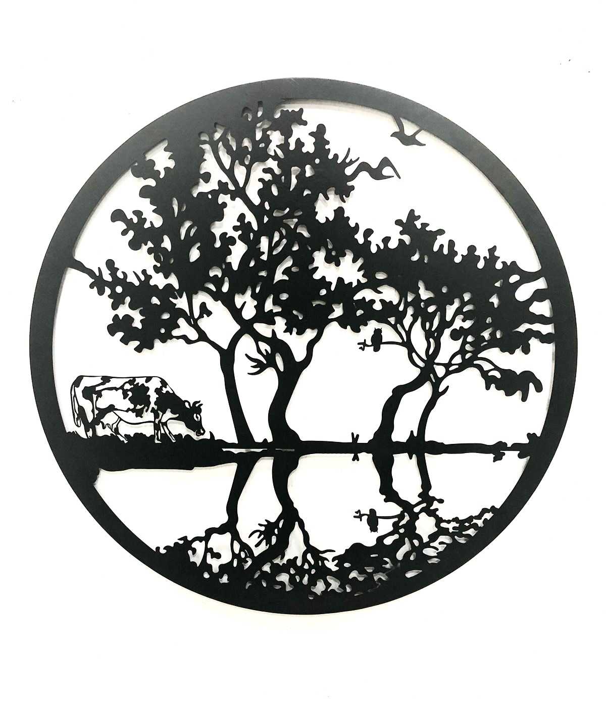 Cow by the Water Metal Wall Art Black | Round | 60cm