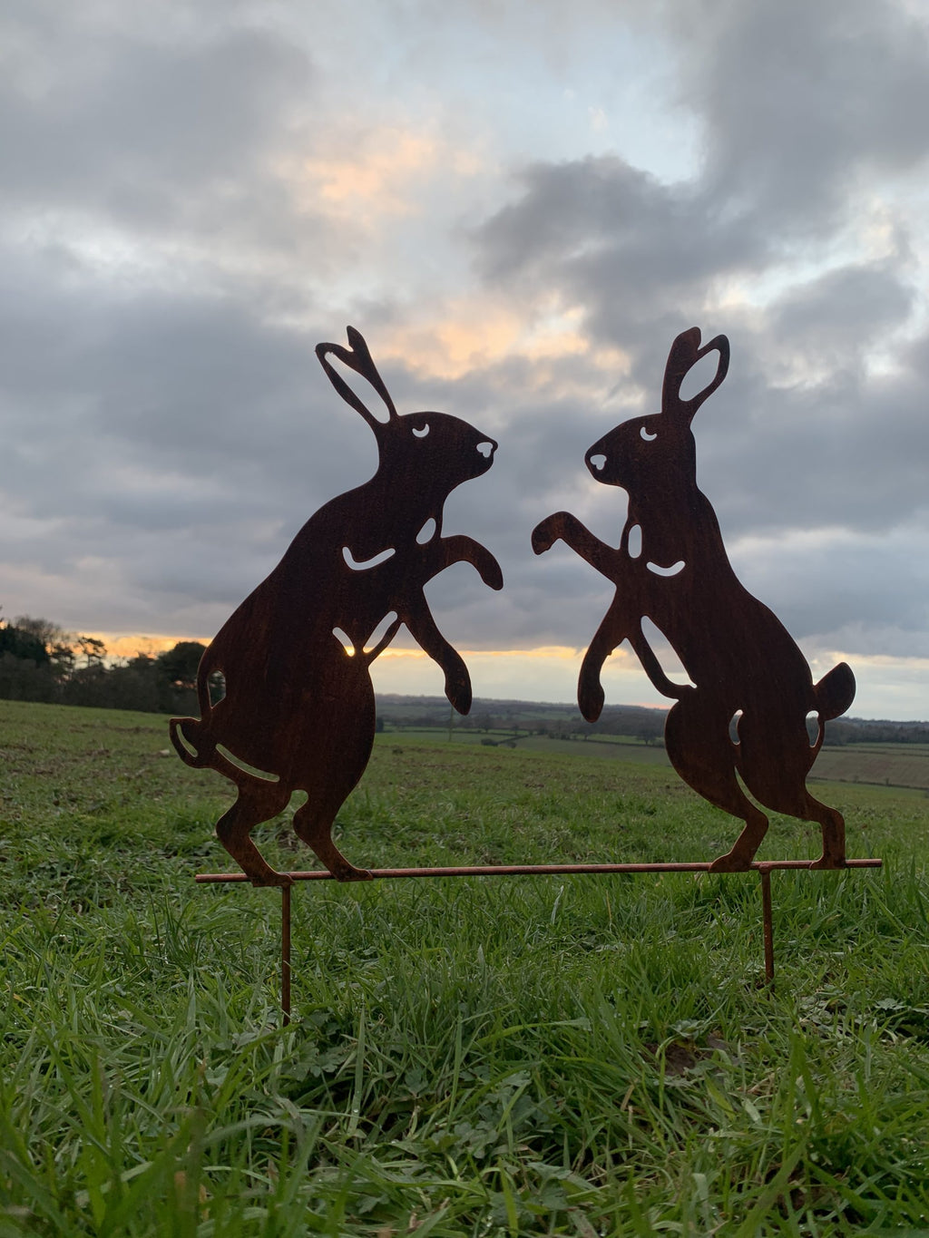 Two metal rabbit yard signs in a rusted dark brown finish, standing on a wire base in a grassy field under a cloudy sky at sunset.