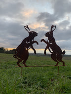 Two metal rabbit yard signs in a rusted dark brown finish, standing on a wire base in a grassy field under a cloudy sky at sunset.