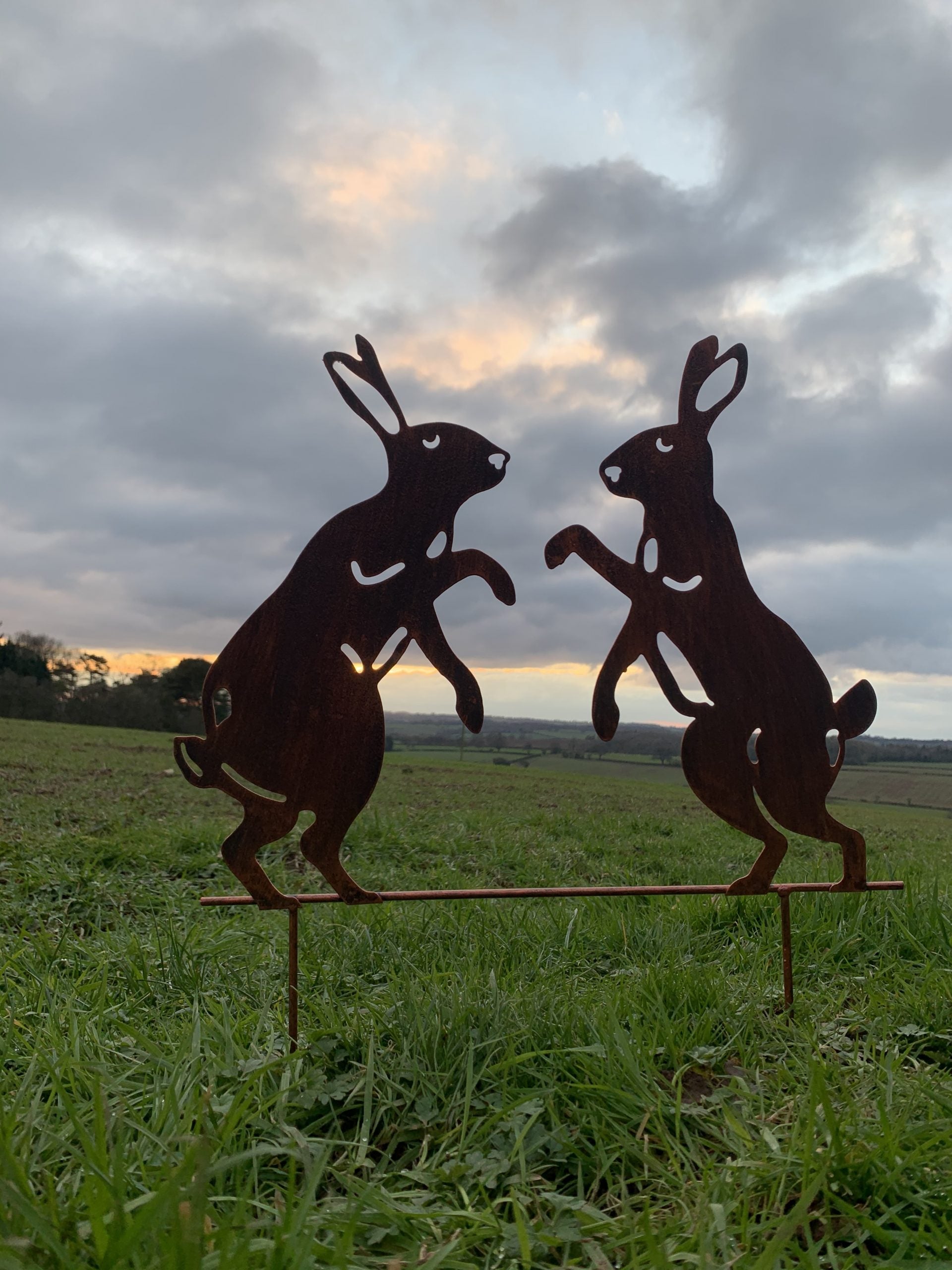 Two metal rabbit yard signs in a rusted dark brown finish, standing on a wire base in a grassy field under a cloudy sky at sunset.