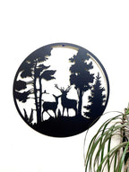 Deer Couple in Evergreen Woods Metal Wall Art Black | Various Sizes