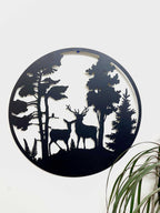 Deer Couple in Evergreen Woods Metal Wall Art Black | Various Sizes