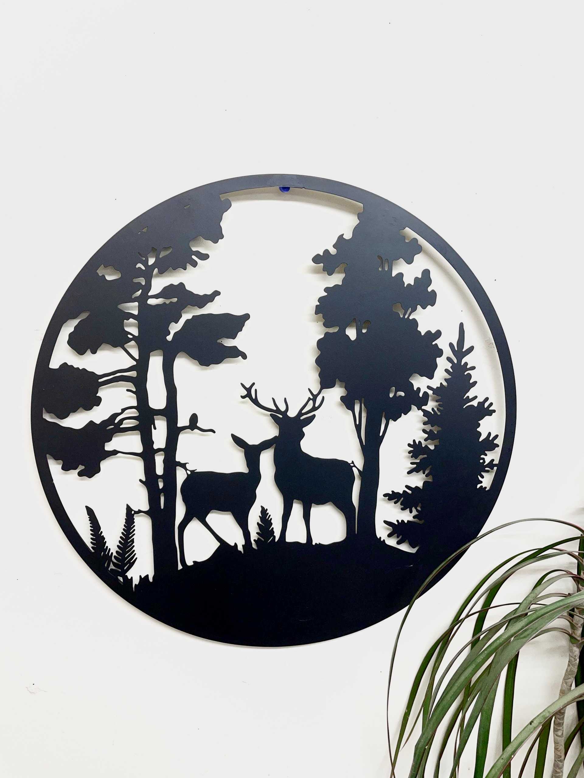 Deer Couple in Evergreen Woods Metal Wall Art Black | Various Sizes