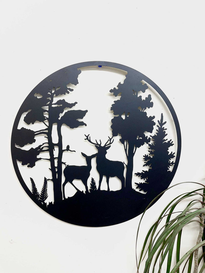 Deer Couple in Evergreen Woods Metal Wall Art Black | Various Sizes