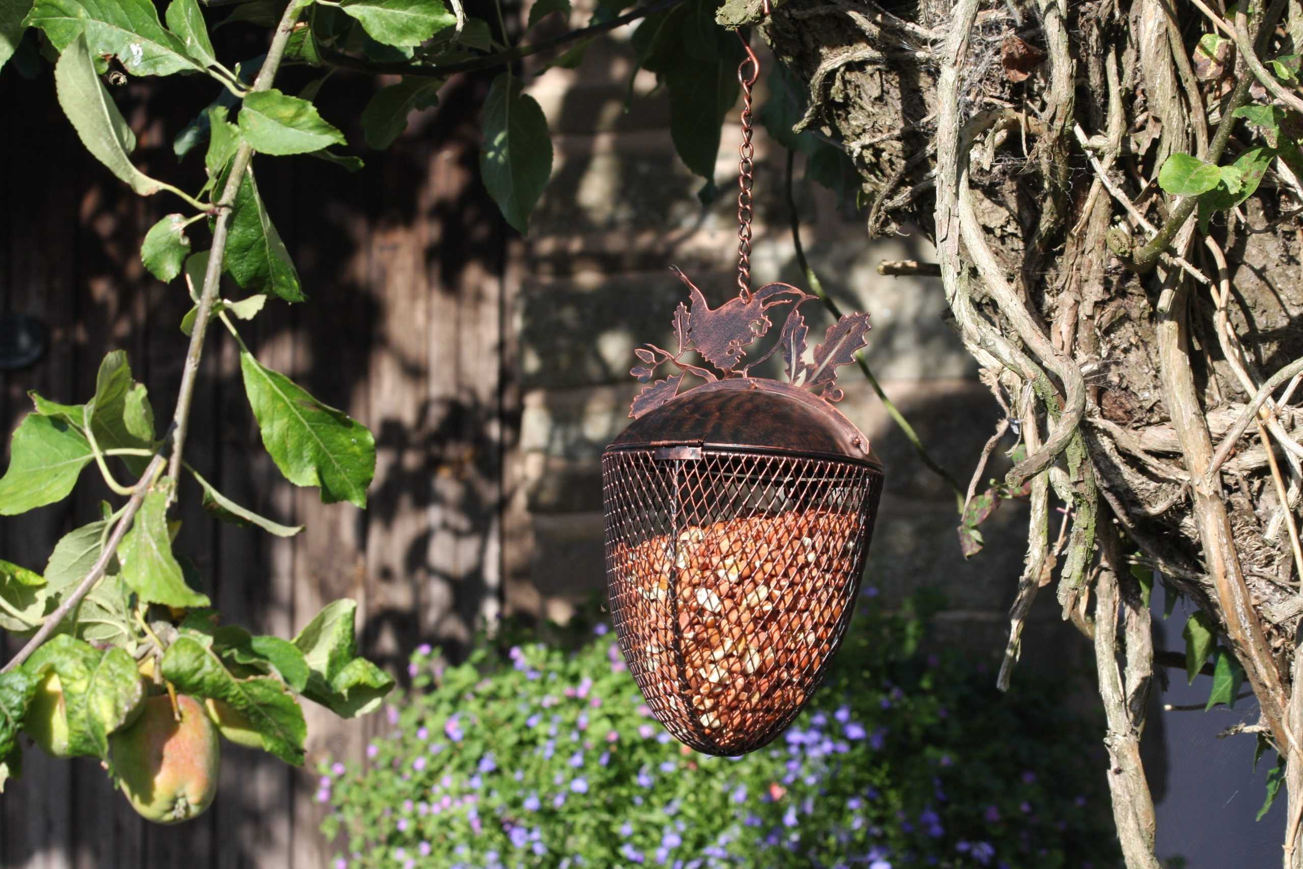 A hanging copper bird feeder filled with seeds, suspended from a tree branch in an outdoor garden setting with green leaves and vines.
