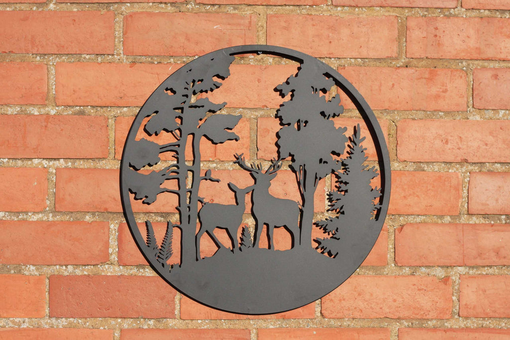 Deer Couple in Evergreen Woods Metal Wall Art Black | Various Sizes