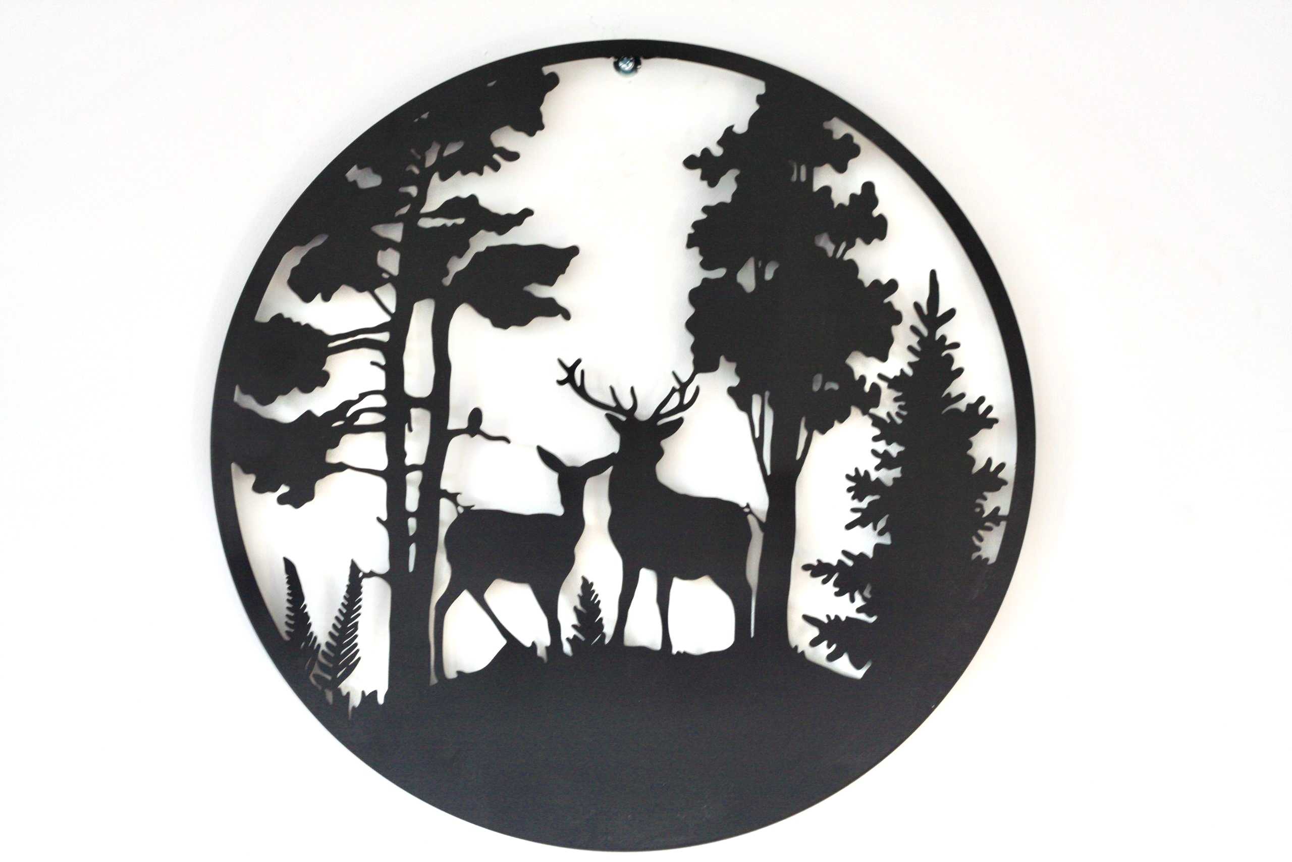 Deer Couple in Evergreen Woods Metal Wall Art Black | Various Sizes