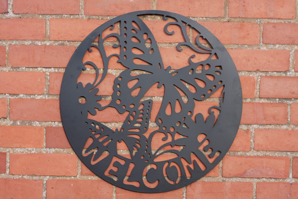 Welcome  Sign - Butterfly Metal Wall Art Black | 60cm