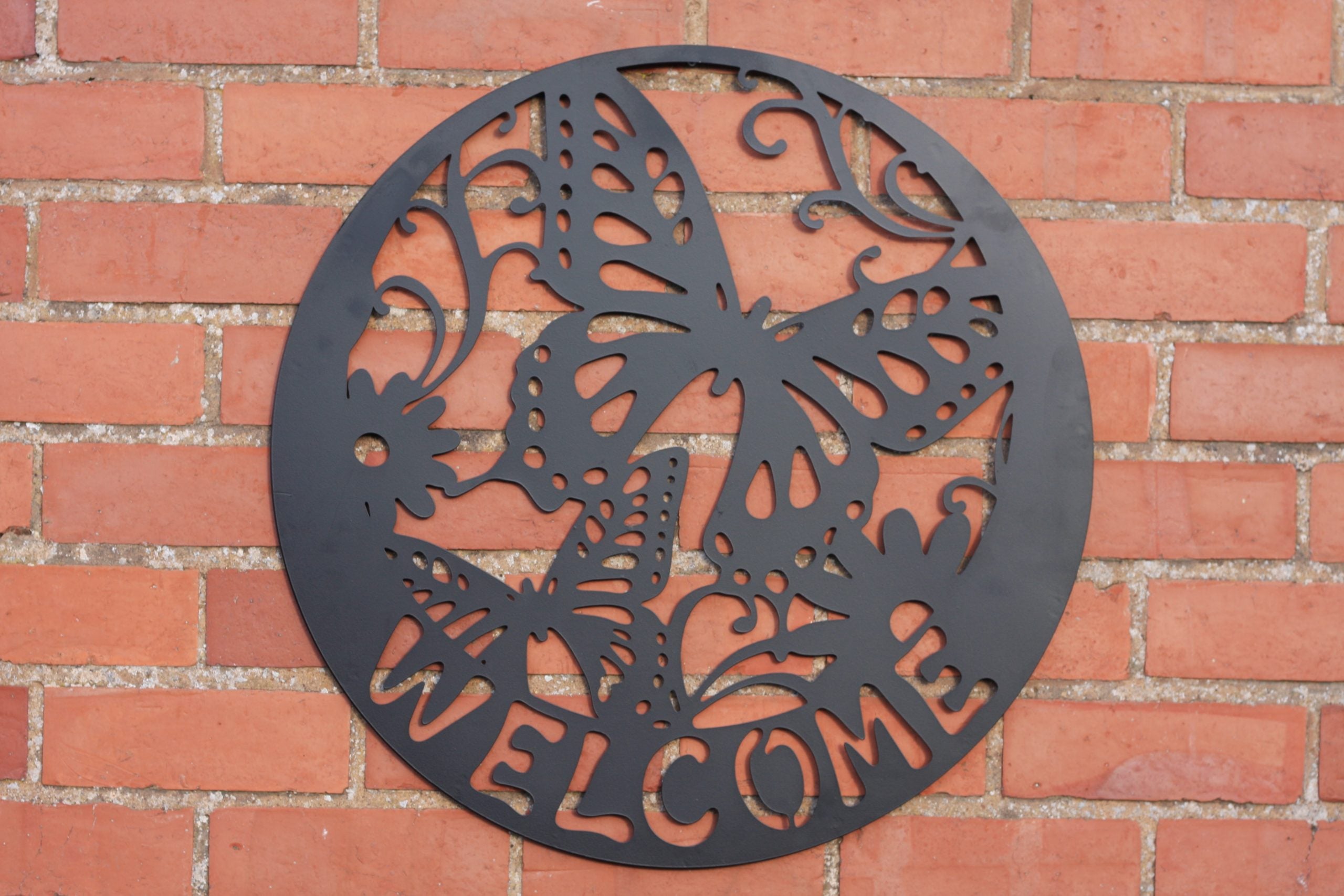 Welcome  Sign - Butterfly Metal Wall Art Black | 60cm