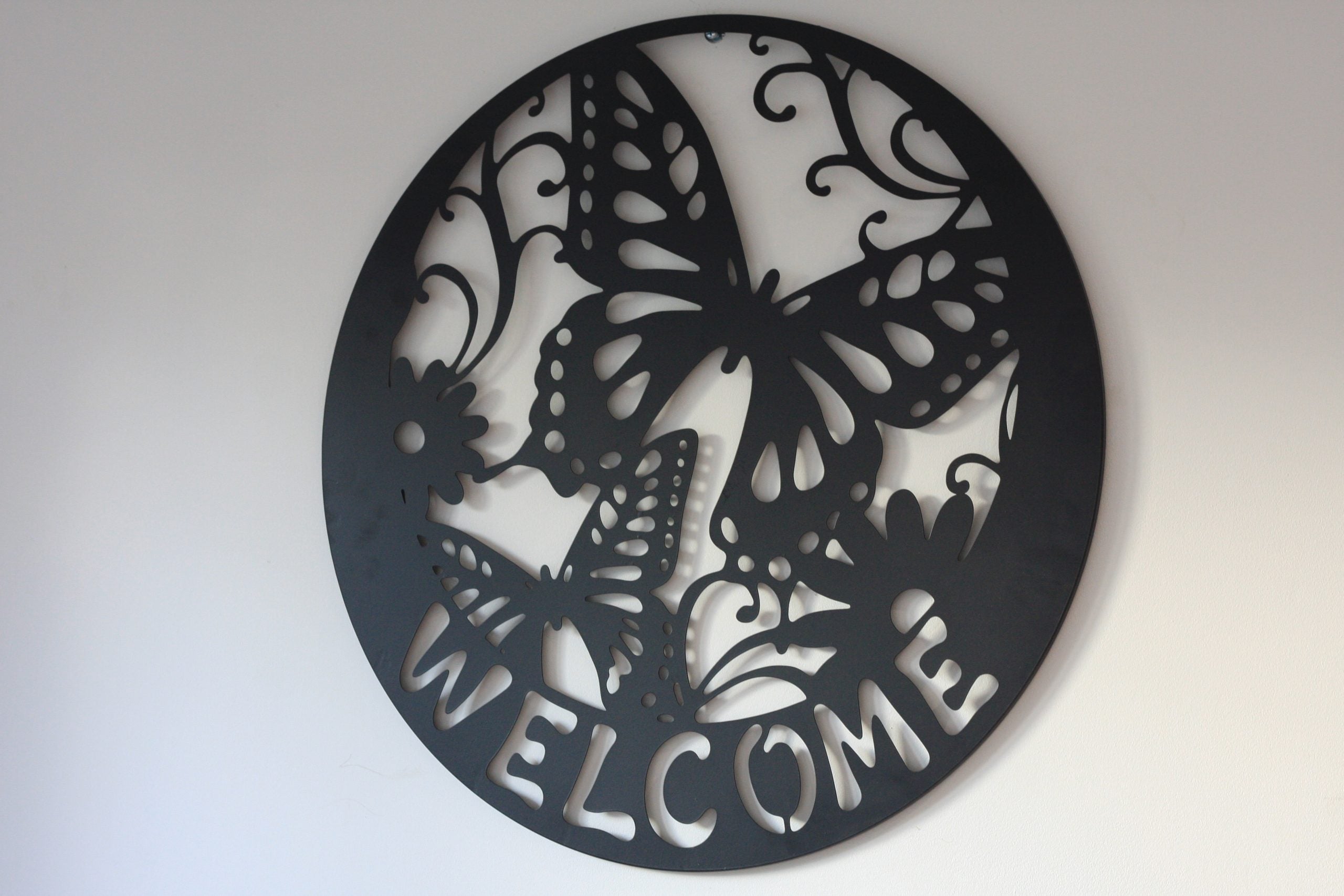 Welcome  Sign - Butterfly Metal Wall Art Black | 60cm