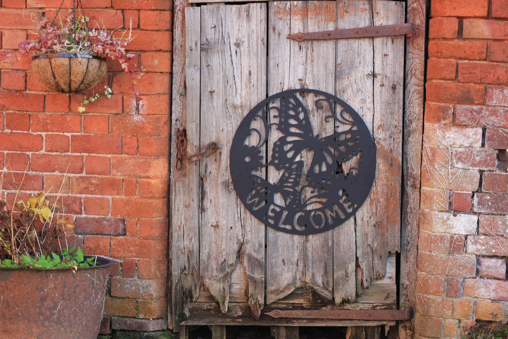 Welcome  Sign - Butterfly Metal Wall Art Black | 60cm