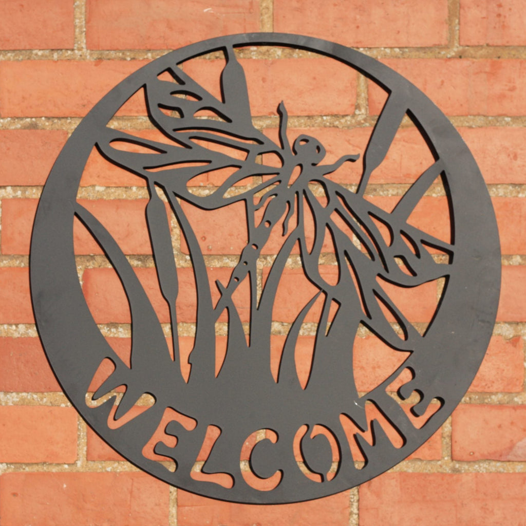 Welcome Sign - Dragonfly Metal Wall Art Black | 60cm