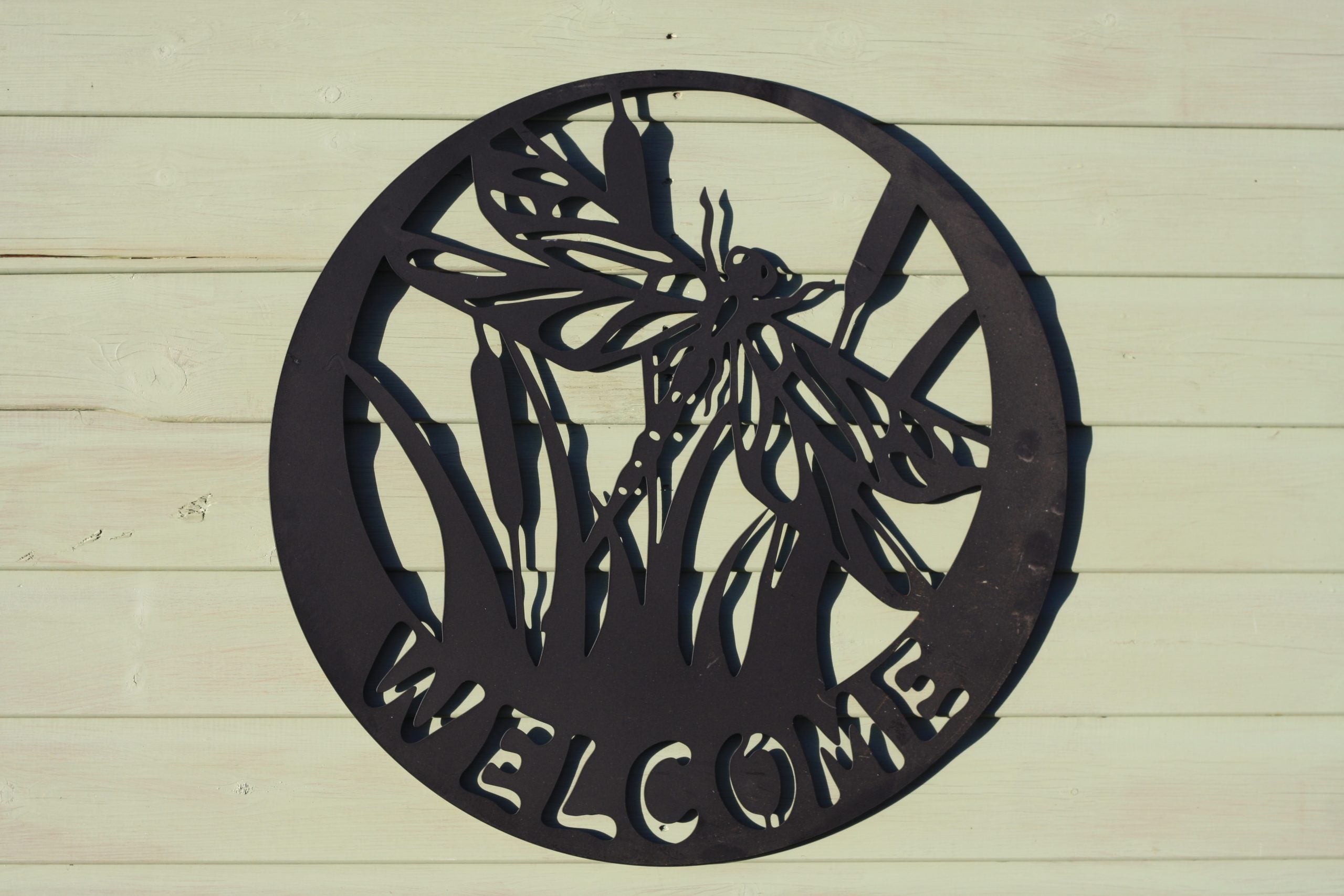 Welcome Sign - Dragonfly Metal Wall Art Black | 60cm