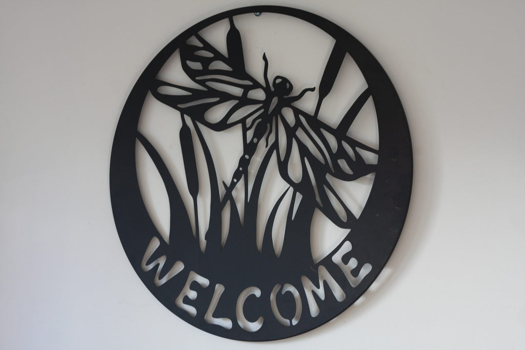 Welcome Sign - Dragonfly Metal Wall Art Black | 60cm