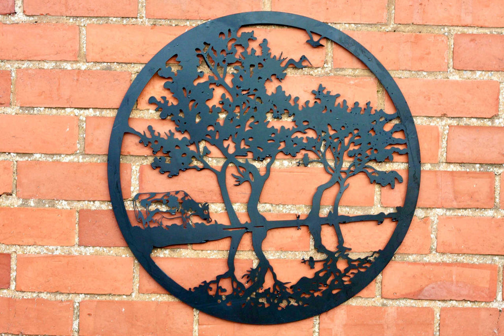 Cow by the Water Metal Wall Art Black | Round | 60cm