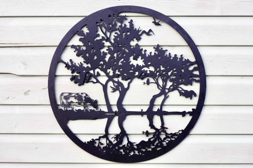Cow by the Water Metal Wall Art Black | Round | 60cm
