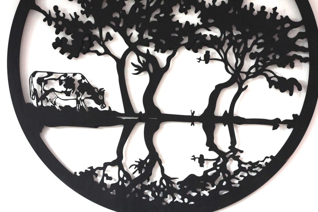 Cow by the Water Metal Wall Art Black | Round | 60cm